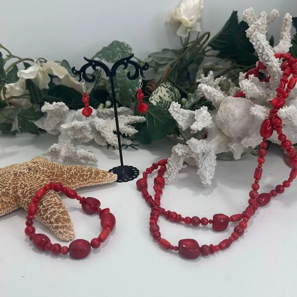 Vintage 70s Beaded Necklace Bracelet And Dangle Earrings Set Red Coral Beads